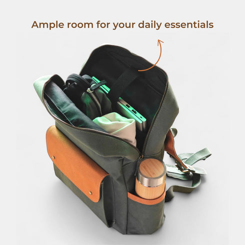 Dugong Backpack - Tropical Green Brown- Canvas Daily/Office/City/Travel Sustainable Laptop Backpack